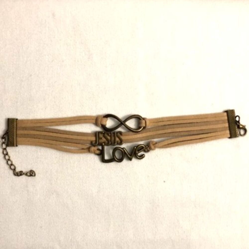 Love Jesus Infinity Tan Vegan Leather Wrap Charm Bracelet